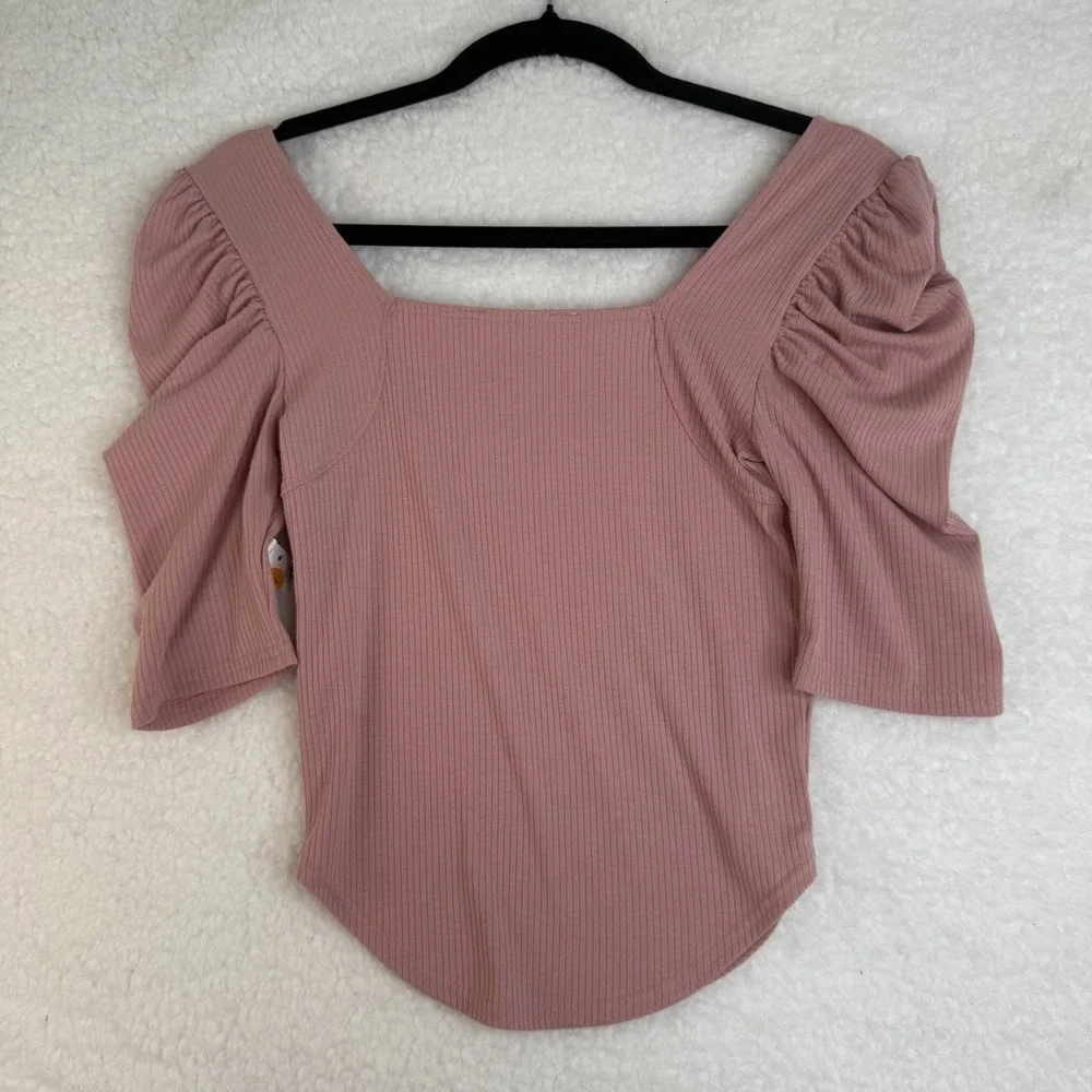 We The Free Free People Puff Sleeve Ribbed Square Neck Top XS Mauve Pink